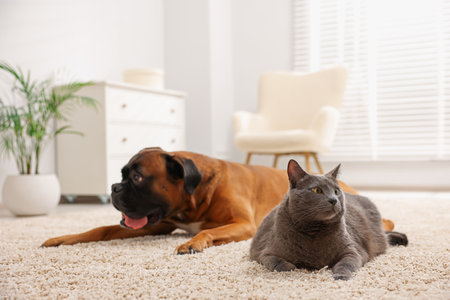 Cute dog and cat lying on floor at homeの写真素材