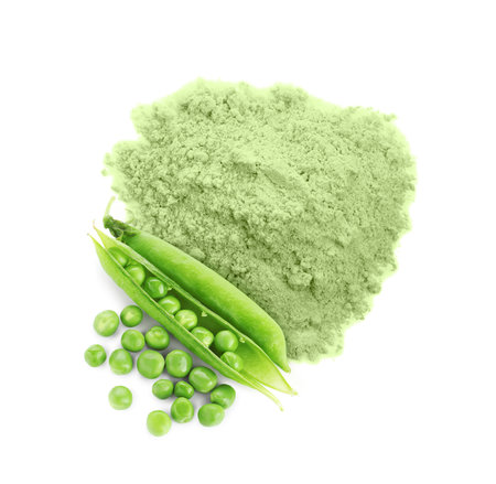 Protein powder and green fresh peas on white background, top viewの写真素材