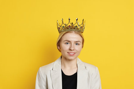 Smiling businesswoman in elegant crown on yellow backgroundの写真素材