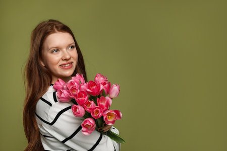 Beautiful teenage girl with bouquet of tulips on olive background, space for textの写真素材