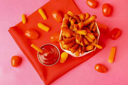 Tasty ketchup, tomatoes and fried carrots on pink background, flat lay