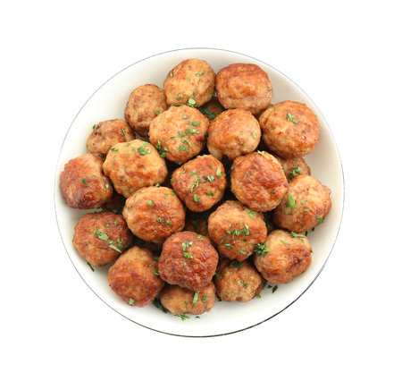 Cooked meatballs in bowl isolated on white, top viewの写真素材