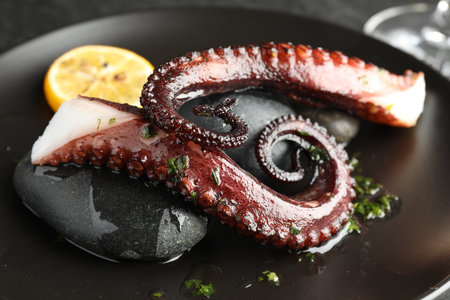 Fried octopus with herb sauce and lemon served on table, closeupの写真素材