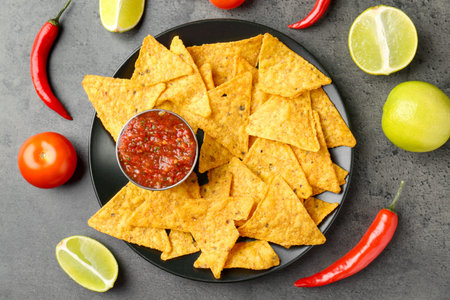 Delicious salsa sauce served with nachos and products on grey textured table, flat lay