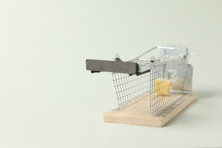 Metal mouse trap with piece of cheese on light background, closeup. Space for textの写真素材