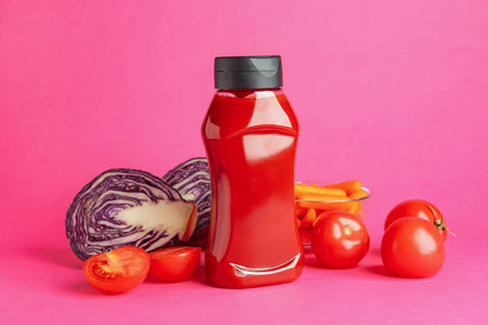 Tasty ketchup and vegetables on pink backgroundの写真素材