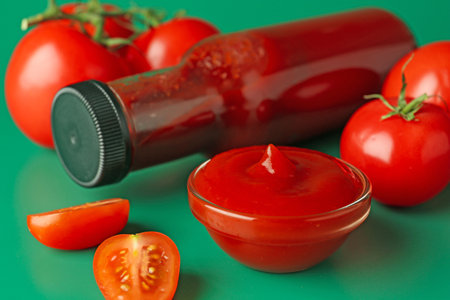 Tasty ketchup and fresh tomatoes on green background, closeupの写真素材