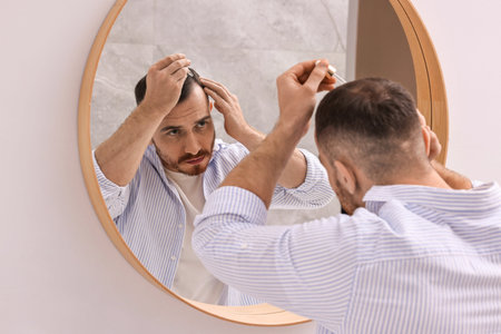 Baldness problem. Man applying serum onto hairline near mirror in bathroom