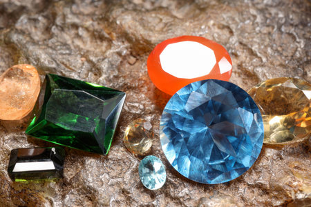 Beautiful shiny colorful gemstones on rock, closeup