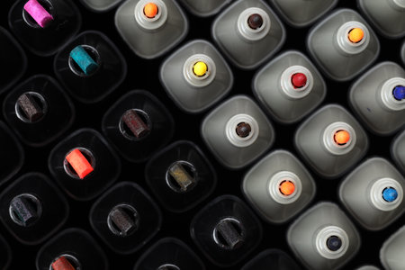 Many colorful markers as background, top viewの写真素材