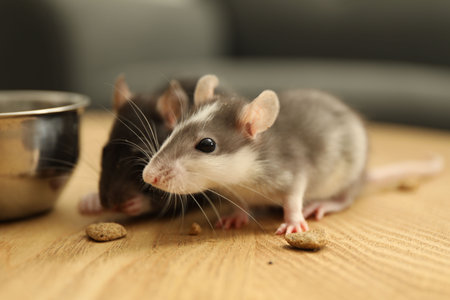 Adorable little rats eating food on wooden surface indoors, closeupの写真素材