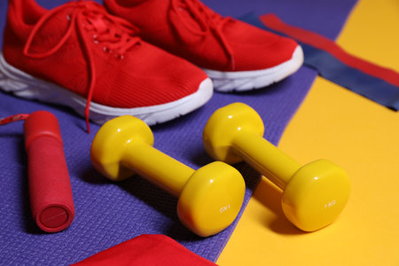 Different gym stuff on yellow background, closeupの写真素材