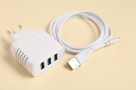 USB power adapter and charge cable on beige background, closeup