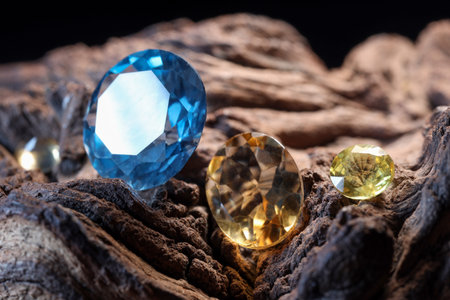 Beautiful shiny colorful gemstones on stone, closeupの写真素材