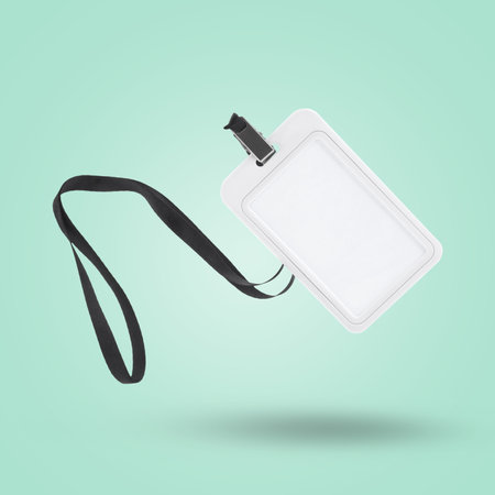 Blank badge in air on turquoise background. Mockup for design