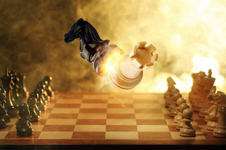 Chess game. Black knight defeating white rook in air over chessboardの写真素材