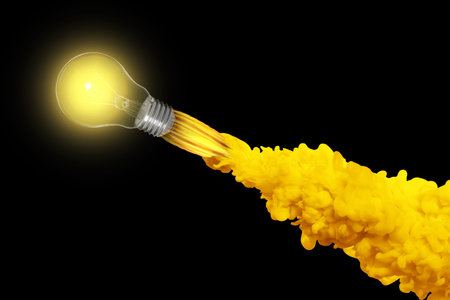Glowing light bulb flying like rocket with smoke and fire on black background. Concepts of idea,...