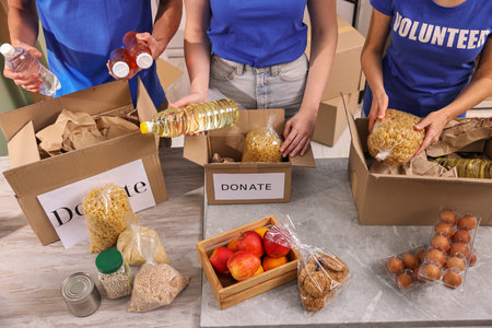 Volunteers packing food donations at tables indoors, closeupの写真素材