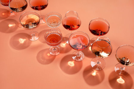 Tasty rose wine in glasses on coral color backgroundの写真素材