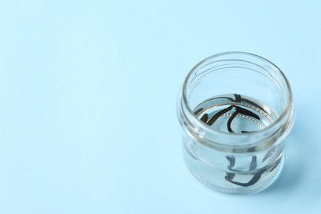 Medicinal leeches in glass jar on light blue background, space for text