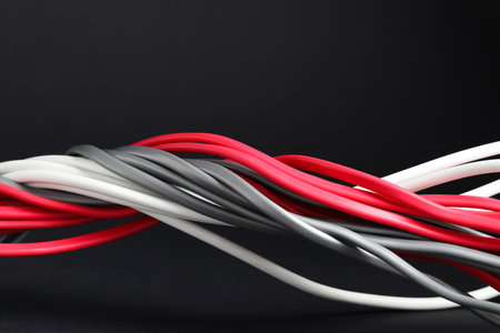 Many wire electricals on black background, closeupの写真素材