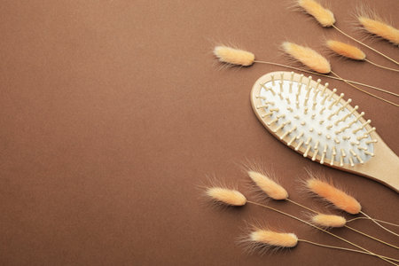 Wooden hair brush and spikes on brown background, top view. Space for textの写真素材