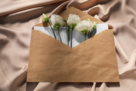 Kraft paper envelope with letter and flowers on beige silk fabric, above view. Mockup for designの写真素材