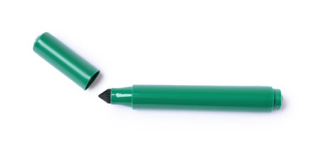 One green marker isolated on white, top viewの写真素材