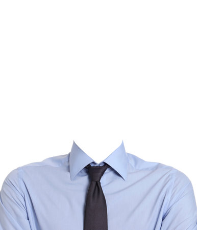 Passport photo, ID card or other document photo. Formal outfit without face for replacement isolated on whiteの写真素材