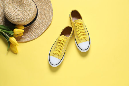 Stylish shoes, straw hat and tulips on yellow background, flat layの写真素材