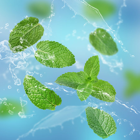 Mint leaves and splashing water on blue gradient background