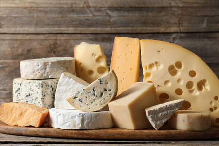 Different types of cheese on wooden tableの写真素材