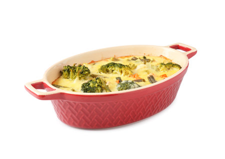 Delicious baked vegetable casserole isolated on whiteの写真素材