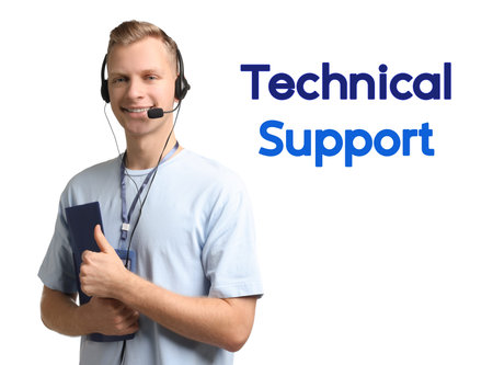 Technical support. Operator with headset on white background