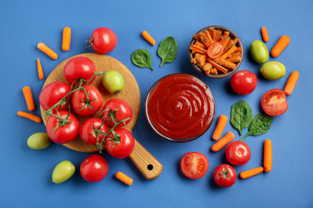Tasty ketchup and vegetables on blue background, flat layの写真素材