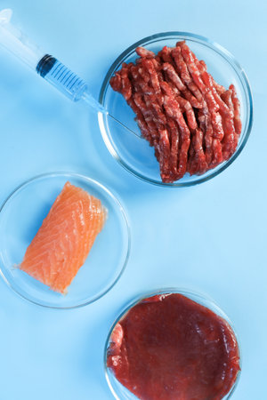 GMO concept. Different products and syringe on light blue table, flat layの写真素材