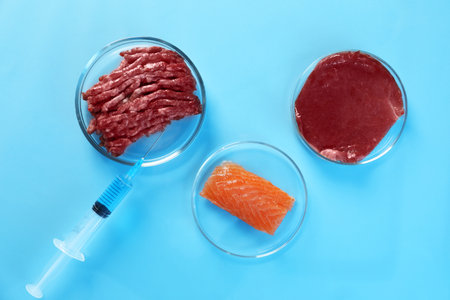 GMO concept. Different products and syringe on light blue table, flat layの写真素材