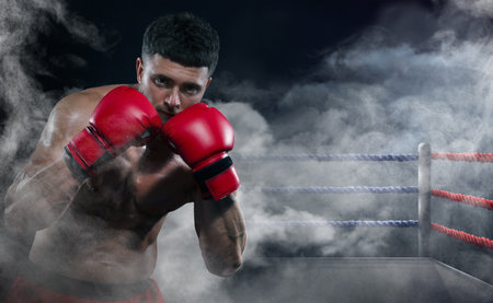 Boxer fighting on boxing ring in smoke. Space for textの写真素材