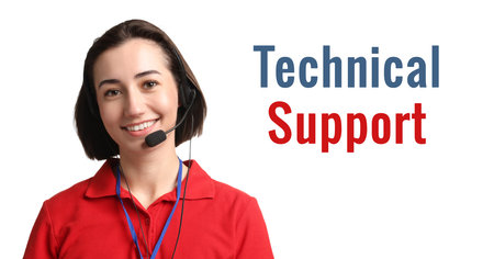 Technical support. Operator with headset on white background, banner designの写真素材
