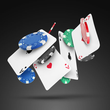 Playing cards and casino chips in air on grey gradient background. Poker game