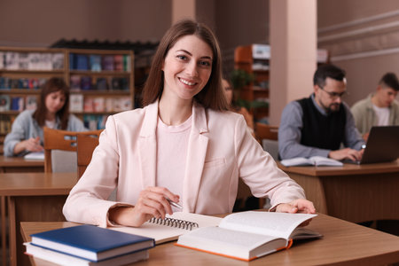 Portrait of smiling woman in public library