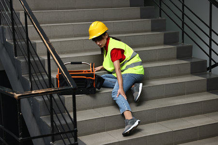 Accident at work. Injured woman with toolkit on stairs indoorsの写真素材