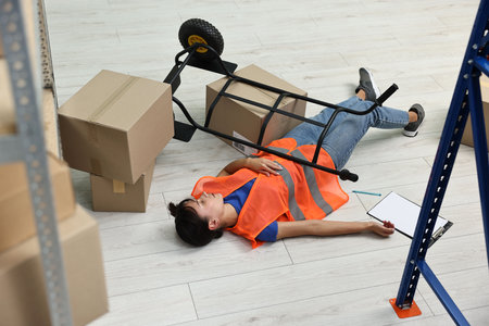 Accident at work. Unconscious woman and overturned hand truck on floor in warehouseの写真素材