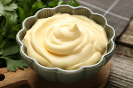 Delicious mayonnaise sauce in bowl on table, closeupの写真素材