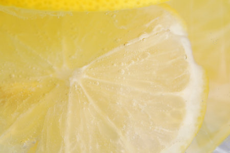 Soda water with lemon slices as background, closeupの写真素材