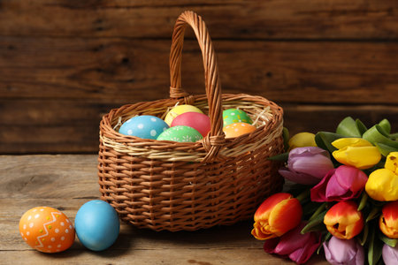 Easter eggs in wicker basket and beautiful tulips on wooden table