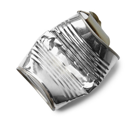 One crumpled tin can isolated on white, top view