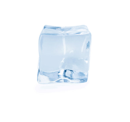 One crystal clear ice cube isolated on whiteの写真素材