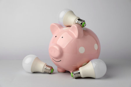 Piggy bank and light bulbs on grey background. Energy saving conceptの写真素材