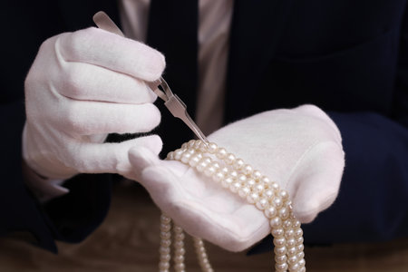 Appraiser with tweezers evaluating luxury jewelry, closeupの写真素材